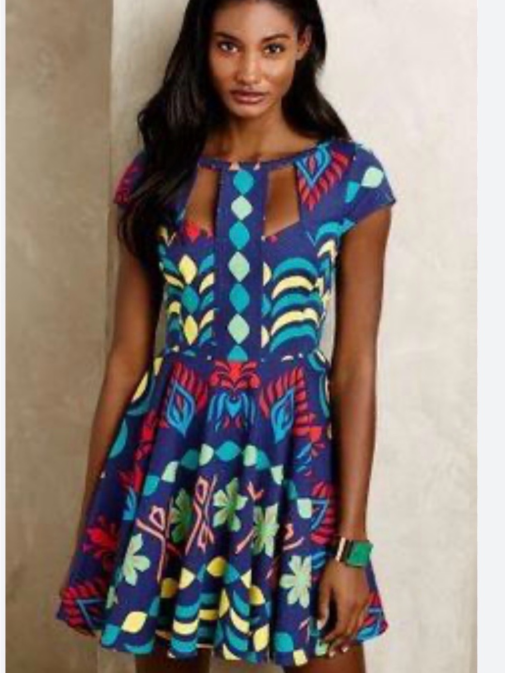 Tracy Reese Navy Multicolor Keyhole Fit & Flare Dress